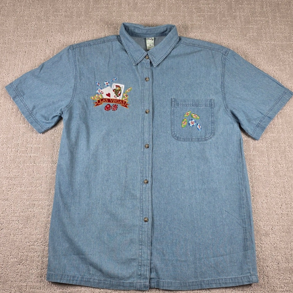Bay Beauty Las Vegas Embroidered Chambray Denim Shirt Womens XL Short Sleeve